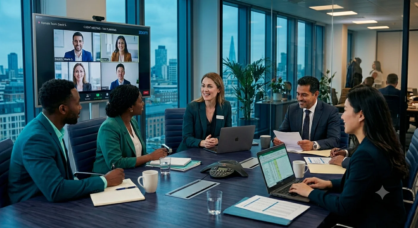Professional accounting team collaborating at a conference table
