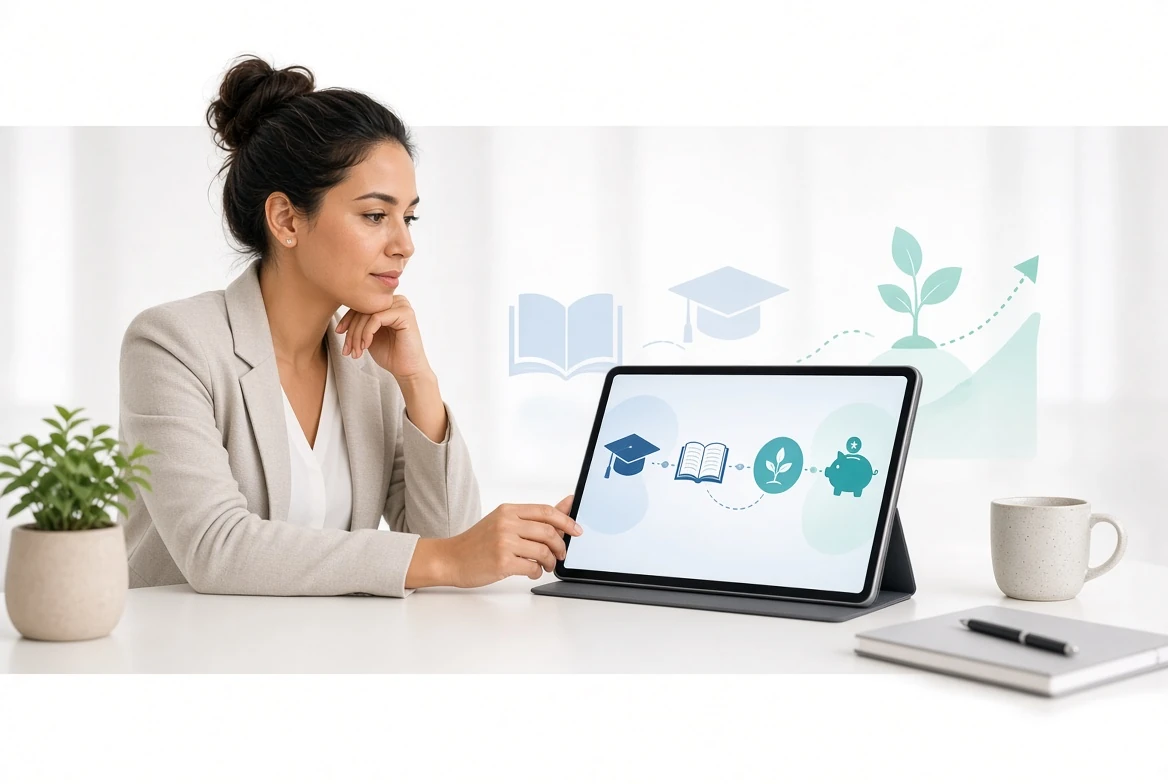 A parent and grown child reviewing college savings and retirement account paperwork at a kitchen table
