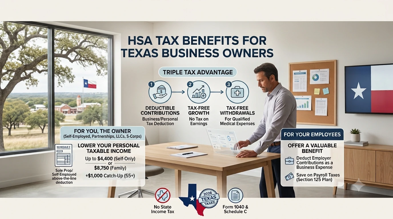 Business owner reviewing a health savings account statement and tax documents