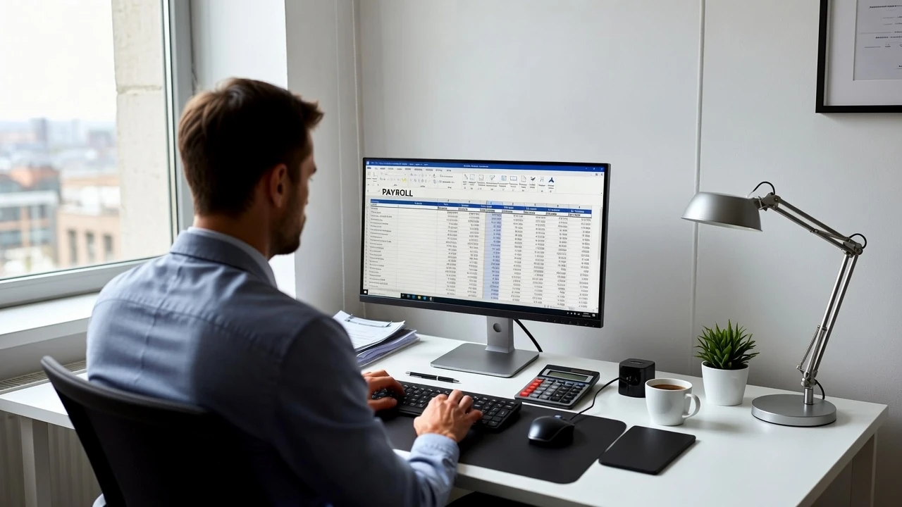 Business owner reviewing a payroll tax notice at a desk with a laptop