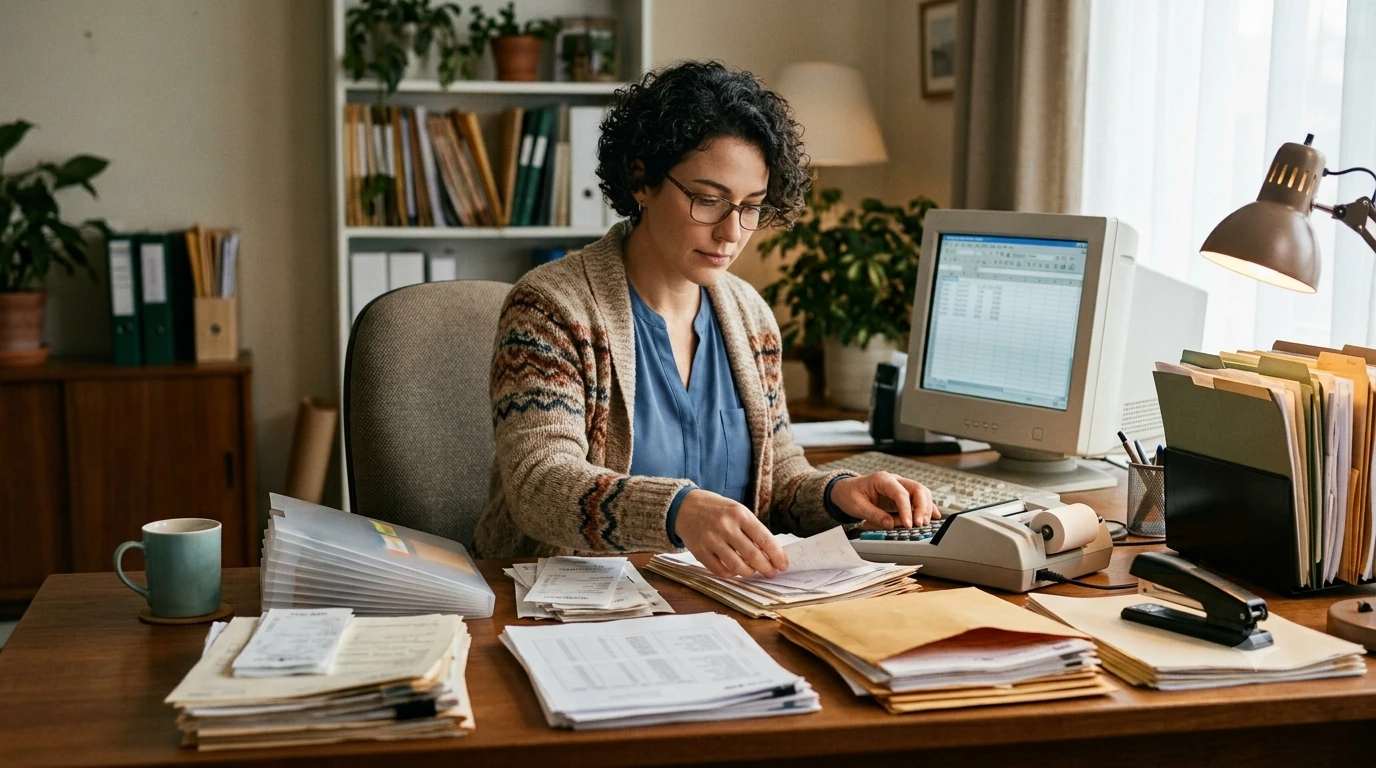 Person sorting donation receipts and financial records at a desk