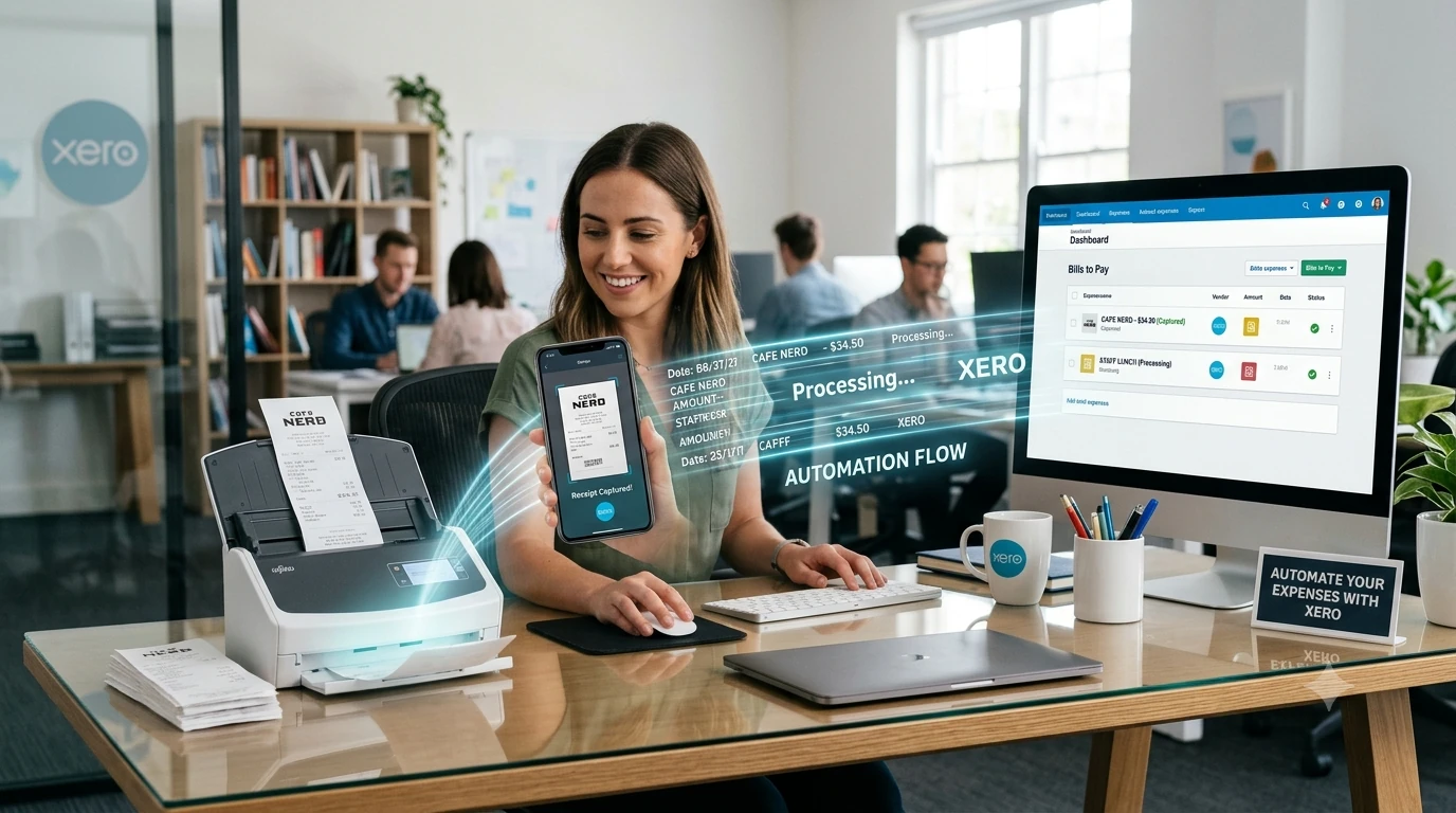 Business owner photographing a paper receipt with a phone to upload into accounting software